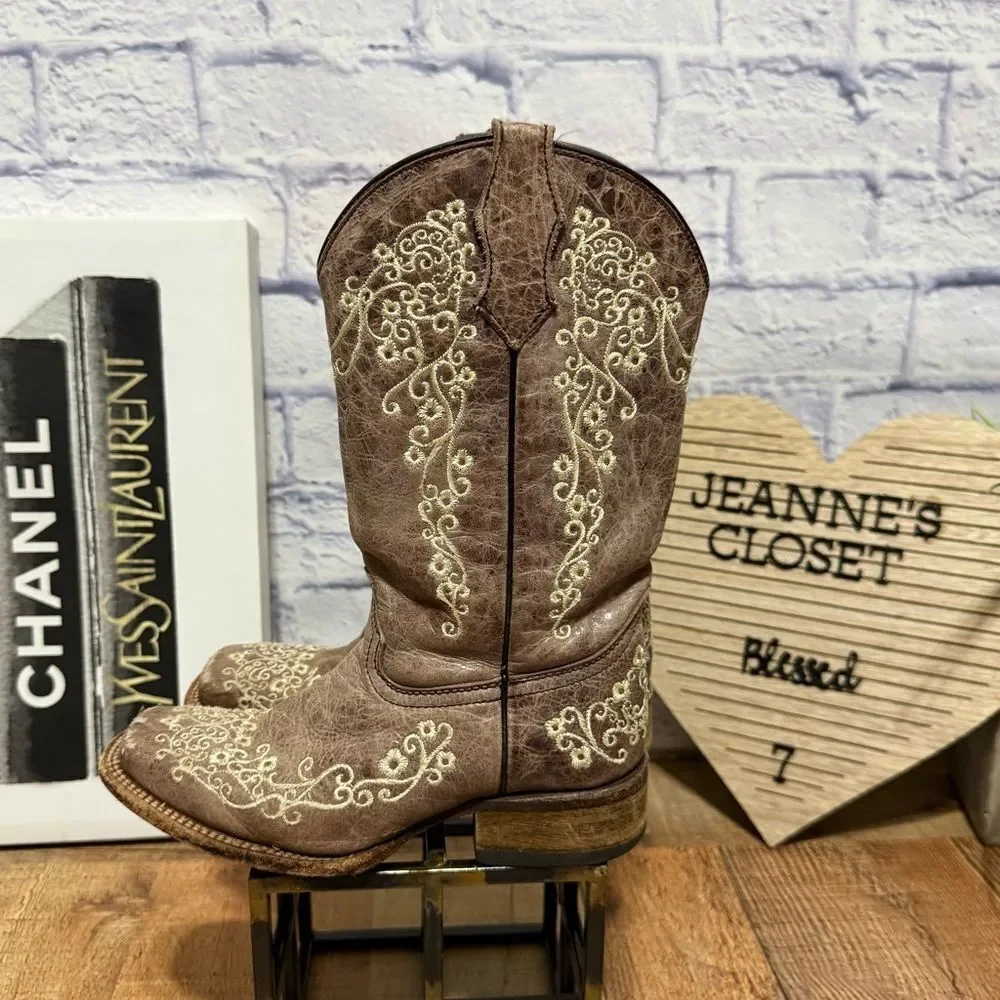 Corral Teens Western Boots Girls Sz 2 Gray Bone Embroidered Cowgirl Square Toe